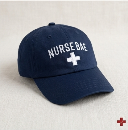 “Navy blue Nurse Bae embroidered dad hat worn by woman, classic nurse cap with clean white logo and adjustable strap”