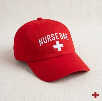 Red Nurse Bae embroidered dad hat worn by smiling woman, adjustable casual nurse cap for everyday wear”