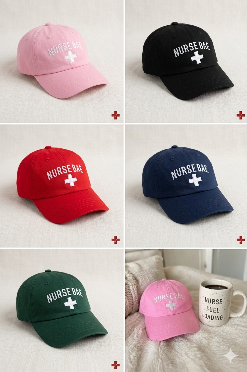 “Nurse Bae dad hats in red, black, green, pink, and navy displayed together, embroidered nurse caps collection”